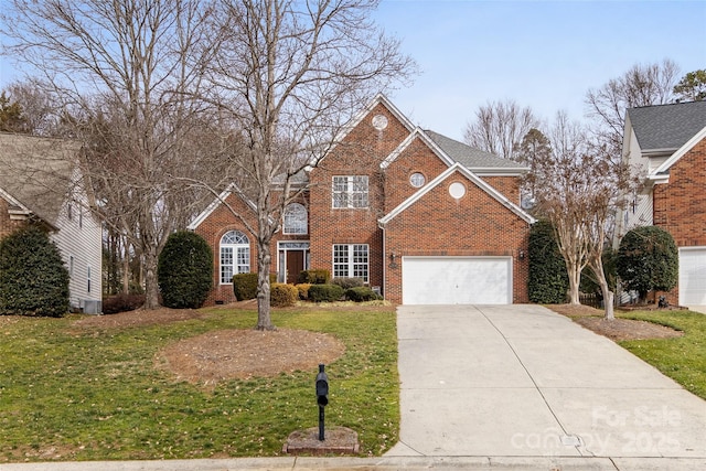 front facade featuring a garage and a front lawn