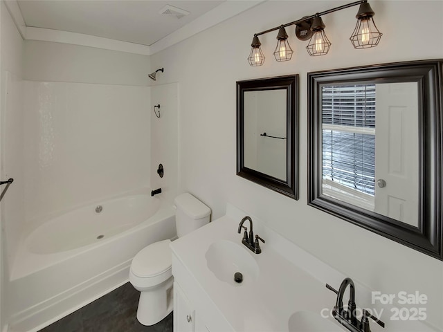 full bathroom featuring toilet, ornamental molding, shower / tub combination, and vanity