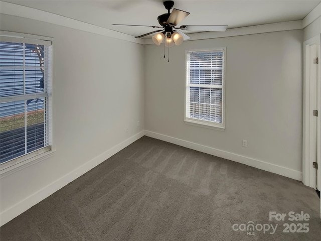 empty room with ornamental molding, ceiling fan, and carpet floors