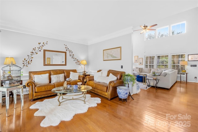 living room featuring wood-type flooring, ceiling fan, and crown molding