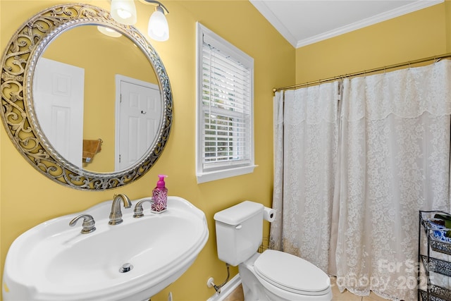 bathroom featuring ornamental molding, sink, and toilet