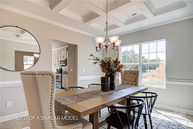 dining space featuring a notable chandelier, ornamental molding, coffered ceiling, and beamed ceiling