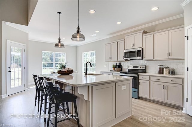 kitchen featuring decorative light fixtures, stainless steel appliances, decorative backsplash, sink, and a kitchen island with sink