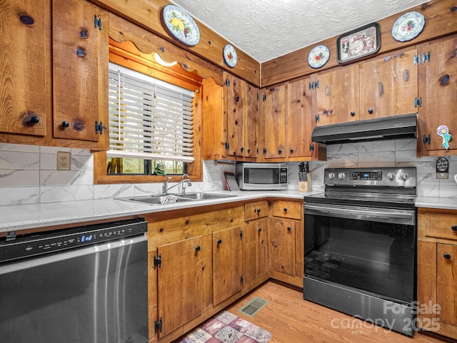 kitchen with sink, decorative backsplash, exhaust hood, and appliances with stainless steel finishes