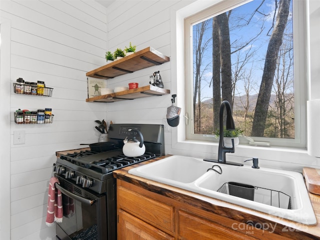 kitchen featuring sink, black range with gas stovetop, and plenty of natural light