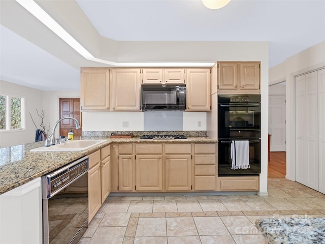 10 Clubside Dr, Asheville, NC 28804 - kitchen with light stone countertops, a sink, light brown cabinets, and black appliances