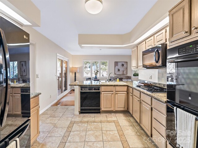10 Clubside Dr, Asheville, NC 28804 - kitchen with baseboards, light brown cabinets, a sink, a peninsula, and black appliances