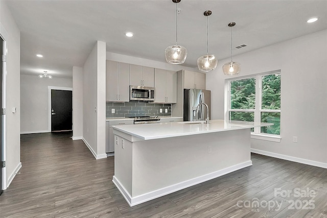 kitchen featuring pendant lighting, appliances with stainless steel finishes, gray cabinetry, decorative backsplash, and a center island with sink