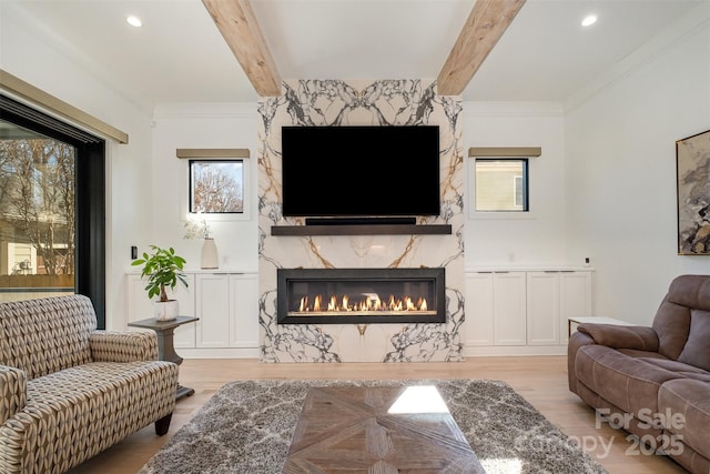 living room featuring a high end fireplace, crown molding, and beam ceiling