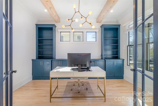 office area featuring an inviting chandelier, plenty of natural light, beam ceiling, and light hardwood / wood-style flooring