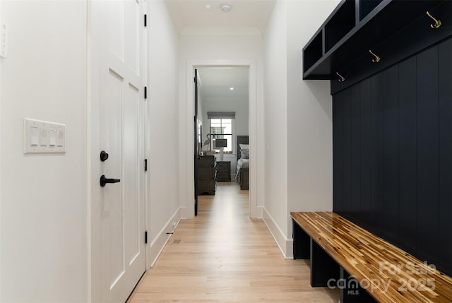 mudroom with ornamental molding and light hardwood / wood-style floors