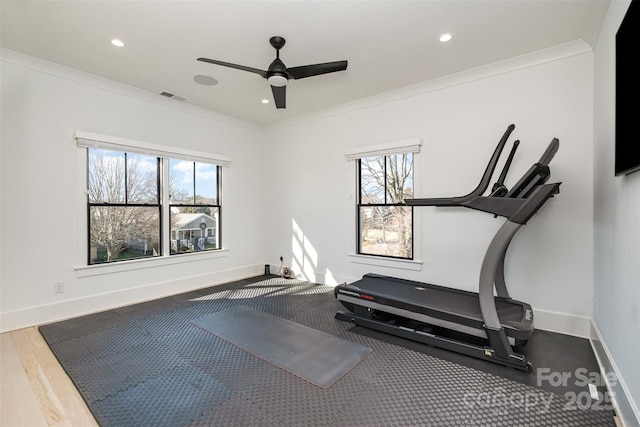 exercise room with ceiling fan, wood-type flooring, and crown molding