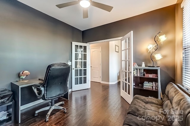 office space featuring dark wood-type flooring, french doors, and ceiling fan