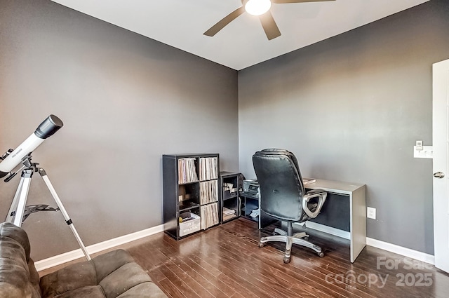 office area featuring ceiling fan and dark hardwood / wood-style flooring