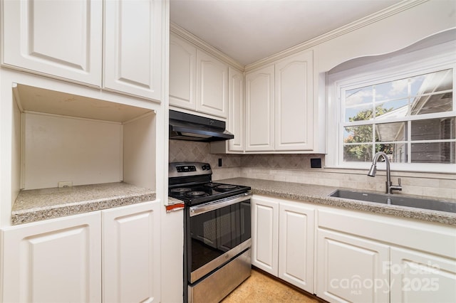 kitchen with white cabinetry, sink, tasteful backsplash, and stainless steel electric range