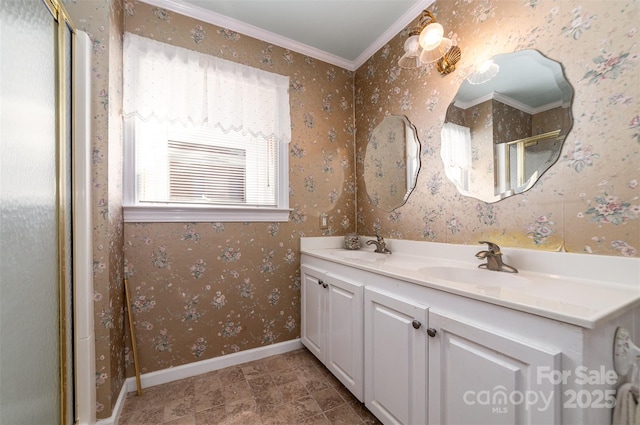 bathroom featuring a shower with door, vanity, and ornamental molding