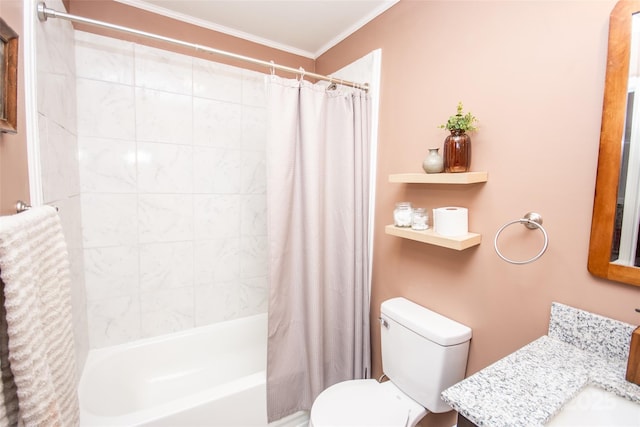 full bathroom with toilet, ornamental molding, shower / bath combo, and vanity