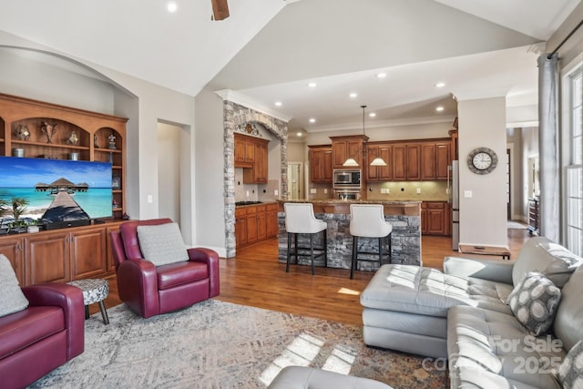 living room with lofted ceiling and light hardwood / wood-style floors