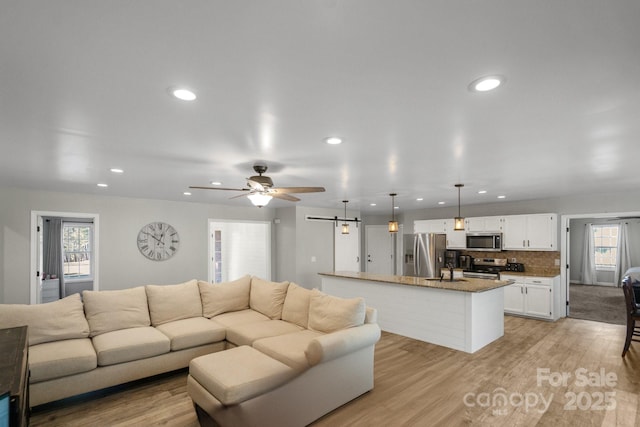 living room with light wood-type flooring, a barn door, plenty of natural light, and sink