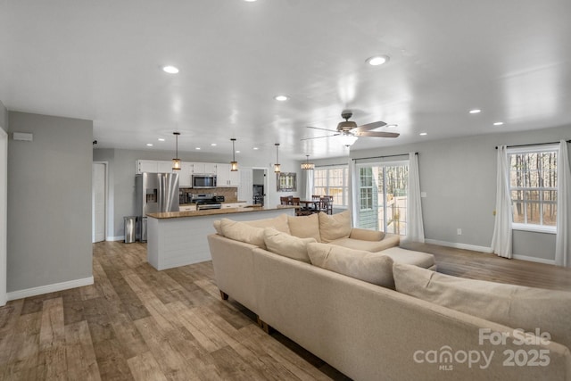 living room featuring light hardwood / wood-style floors and ceiling fan