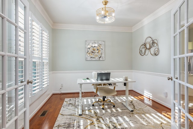 office area featuring french doors, dark hardwood / wood-style flooring, and ornamental molding