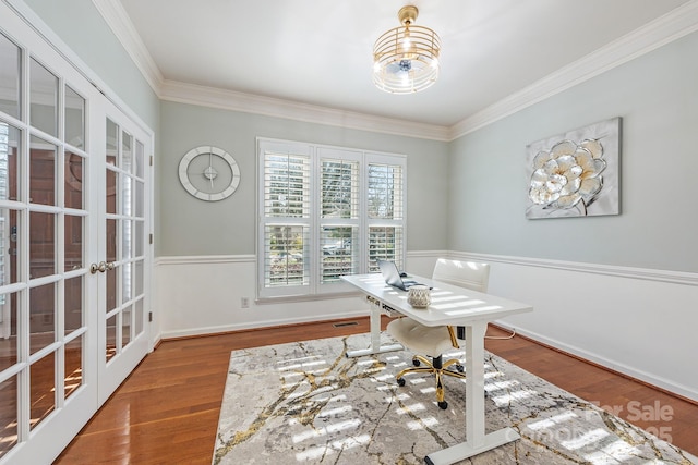 office area featuring french doors, ornamental molding, and wood-type flooring