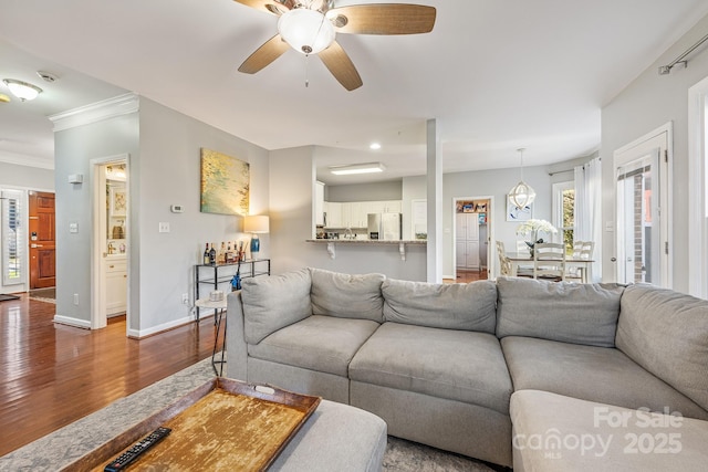 living room with ceiling fan, ornamental molding, and hardwood / wood-style floors