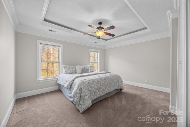 carpeted bedroom featuring a raised ceiling, a textured ceiling, and multiple windows