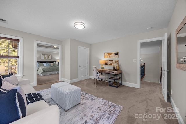 living room featuring light colored carpet and a textured ceiling