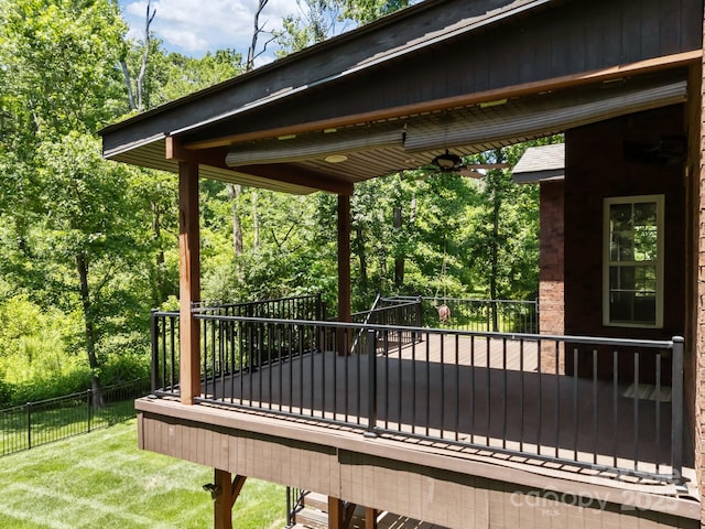 254 Streamside Pl, Mooresville, NC 28115 - wooden deck featuring ceiling fan and view of wooded area