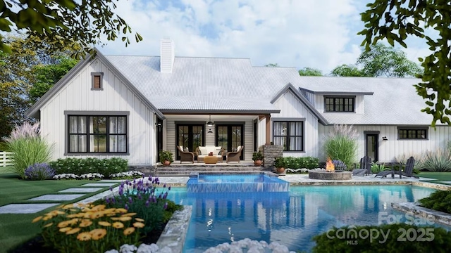 rear view of house with an outdoor living space with a fire pit, an outdoor pool, board and batten siding, and a patio area