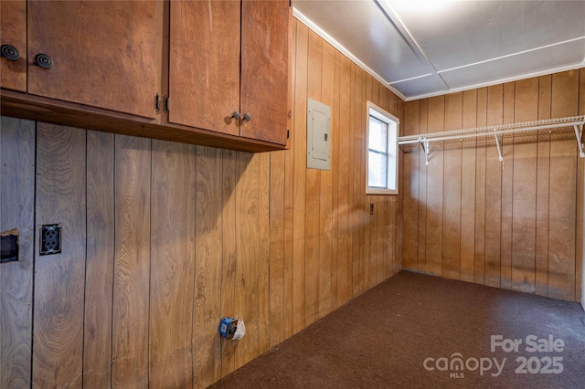 washroom with electric panel, cabinets, wooden walls, and carpet