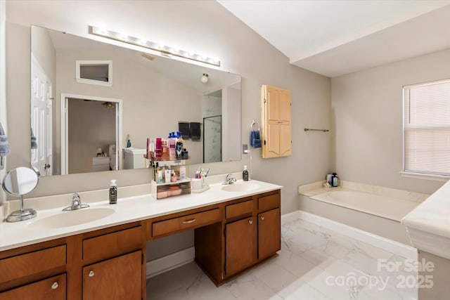 full bathroom featuring toilet, shower with separate bathtub, lofted ceiling, and vanity