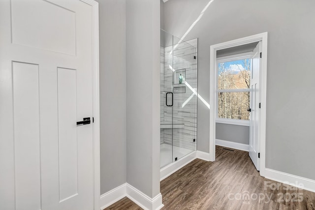 bathroom featuring an enclosed shower and hardwood / wood-style flooring