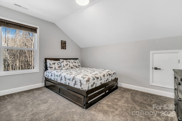 carpeted bedroom with vaulted ceiling