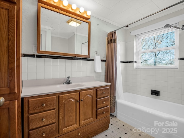 266 Hudlow Rd, Forest City, NC 28043 - bathroom with tile walls, shower / tub combo, vanity, and tile patterned flooring