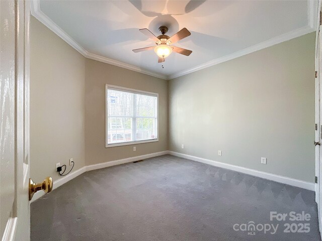 carpeted spare room featuring ceiling fan and crown molding