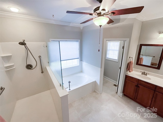 bathroom with ceiling fan, ornamental molding, shower with separate bathtub, and vanity