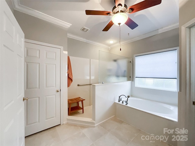 bathroom featuring ceiling fan, ornamental molding, and shower with separate bathtub