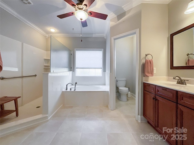 full bathroom with ceiling fan, vanity, toilet, crown molding, and plus walk in shower