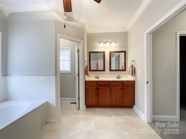 bathroom featuring tile patterned flooring, vanity, a bathtub, ornamental molding, and ceiling fan