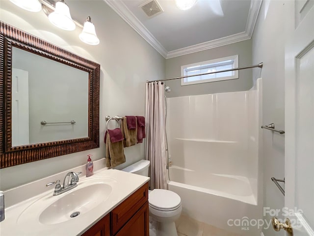 full bathroom featuring toilet, vanity, shower / bath combo, and crown molding