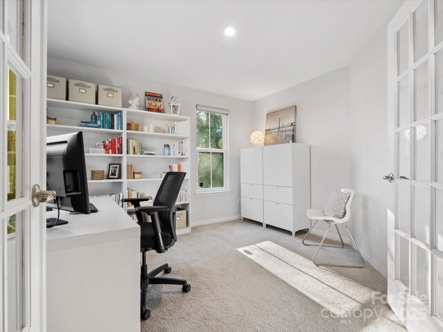 office space with light colored carpet