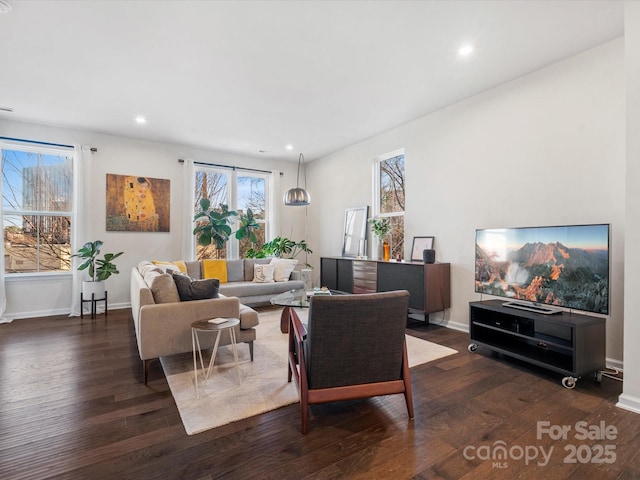 living room with dark hardwood / wood-style floors