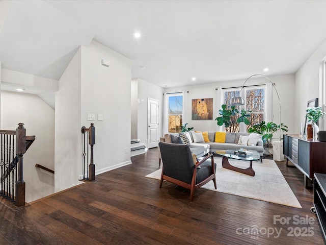 living room with dark hardwood / wood-style floors