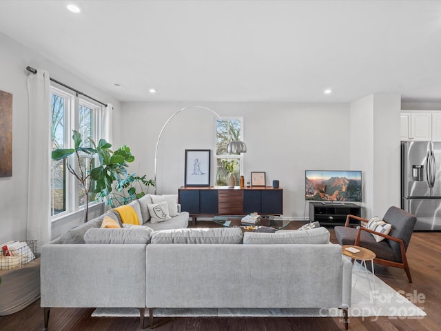 living room with a wealth of natural light and dark hardwood / wood-style floors