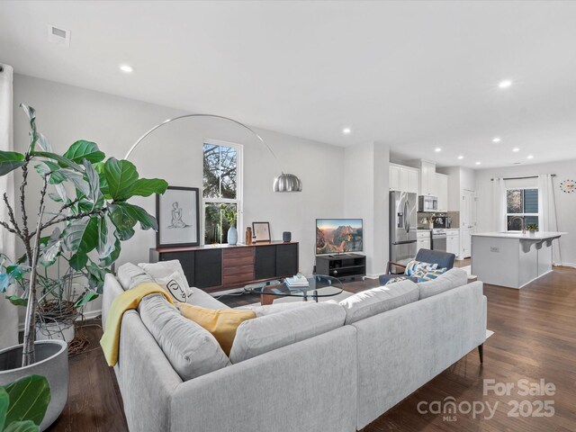 living room featuring plenty of natural light and dark hardwood / wood-style floors