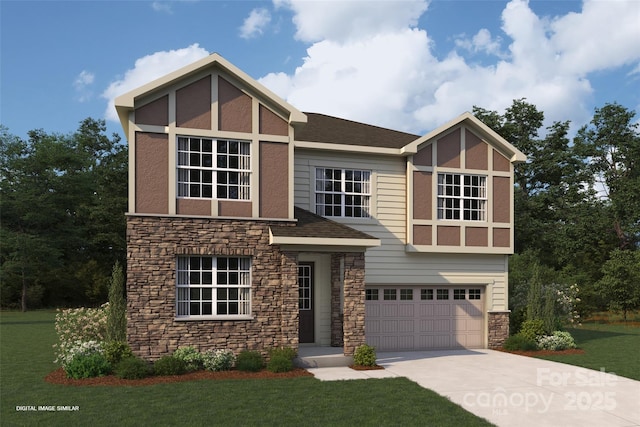 view of front of home featuring a garage and a front lawn