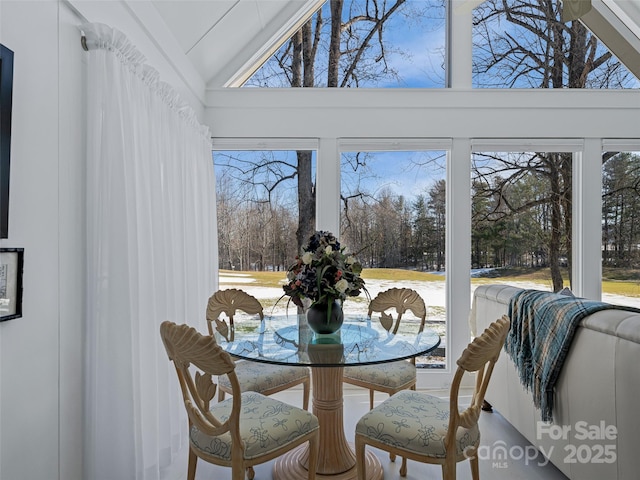 dining area featuring vaulted ceiling