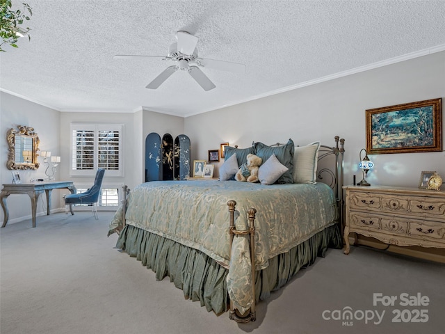 bedroom with crown molding, a textured ceiling, and ceiling fan